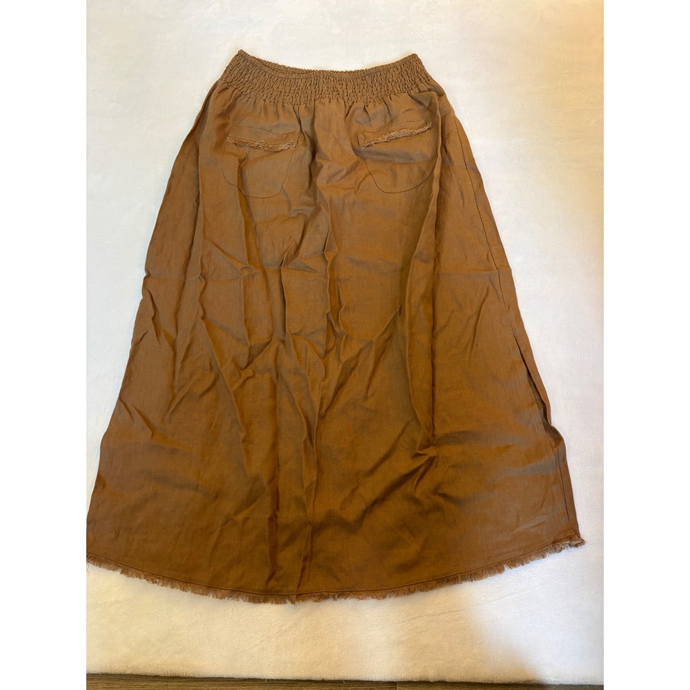Nomad The Label Brown Linen Smocked Waist Fringe Hem Maxi Skirt XL Tobacco